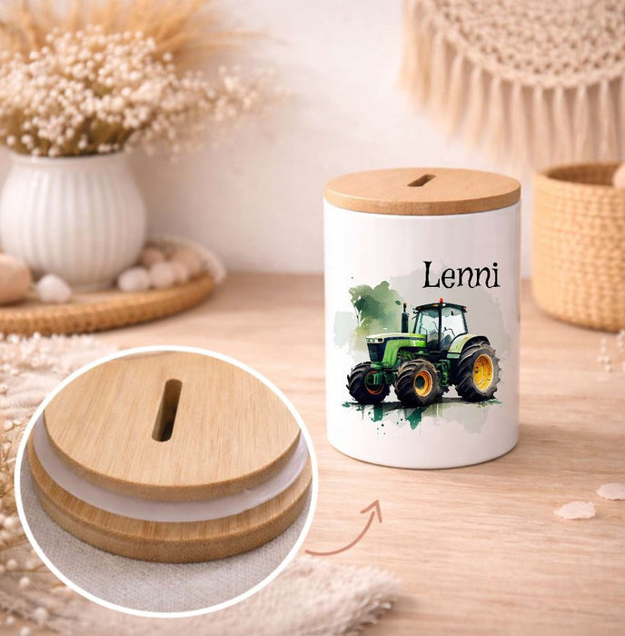 Kinder Spardose mit Name Traktor – Personalisierte Spardose für Kinder Keramik mit Bambusdeckel für Jungen | CreativMade .