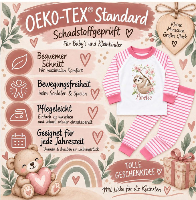 Kinder Schlafanzug mit Namen – Faultier & Blumen – Personalisierter Baby & Kinder Pyjama | CreativMade .