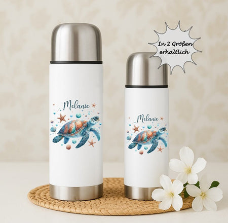 Thermoskanne personalisiert mit Namen Schildkröte Edelstahl Isolierflasche Thermoflasche Geschenkidee - CreativMade 