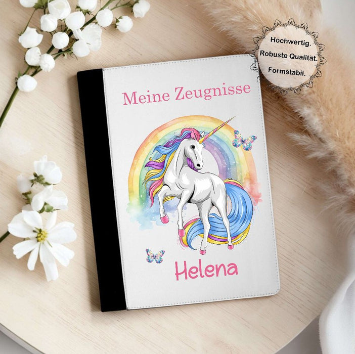 Personalisierte Zeugnismappe mit Namen Einhorn Pferd – Mappe für Schulzeugnisse A4 | Geschenk zur Einschulung Mädchen - CreativMade 