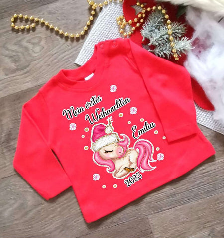 Mein erstes Weihnachten Outfit Einhorn Weihnachtsshirt Baby Kinder Langarm - CreativMade 