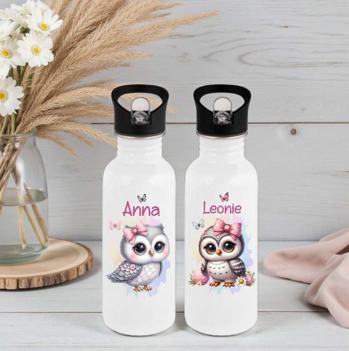 Personalisierte Trinkflasche Kinder Eule -  Edelstahl Trinkflasche mit Name - Strohhalm Geschenk Einschulung Geburtstag - CreativMade 