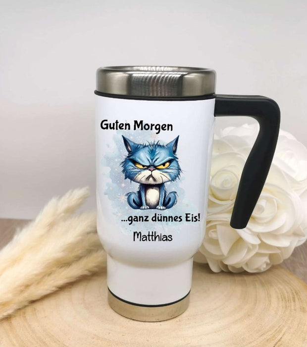 Thermobecher personalisiert Guten Morgen Lustig Witzig Cup Becher mit Namen Edelstahl mit Griff Geschenk Kaffeebecher Auto Reisebecher isoliert