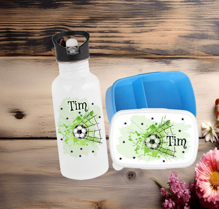 Set Brotdose und Trinkflasche personalisiert mit Namen Fußball Edelstahl 500ml Lunchbox Jungen - CreativMade