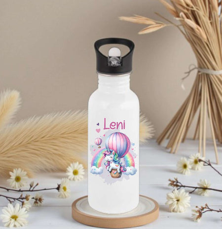 Personalisierte Trinkflasche Kinder Einhorn -  Edelstahl Trinkflasche mit Name - Strohhalm Geschenk Einschulung Geburtstag - CreativMade 