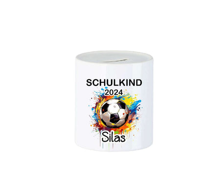 Spardose personalisiert Schulkind Fußball mit Name Junge Keramik Geldgeschenk Sparbüchse - CreativMade 