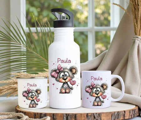 Personalisiertes Kinder Trinkflaschen- & Tassen-Set mit Namen Bär – Edelstahl Trinkflasche 500 ml für Schule & Kindergarten - CreativMade