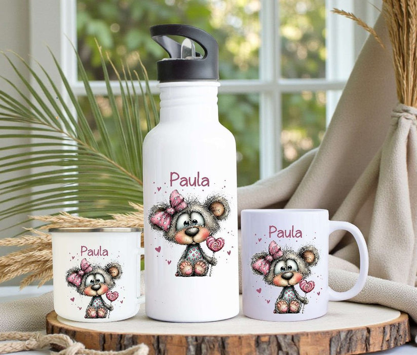 Personalisiertes Kinder Trinkflaschen- & Tassen-Set mit Namen Bär – Edelstahl Trinkflasche 500 ml für Schule & Kindergarten - CreativMade