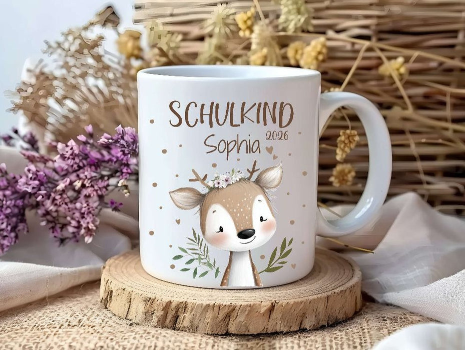 Einschulungstasse Reh mit Name Personalisierte Schulkind Tasse Mädchen - CreativMade