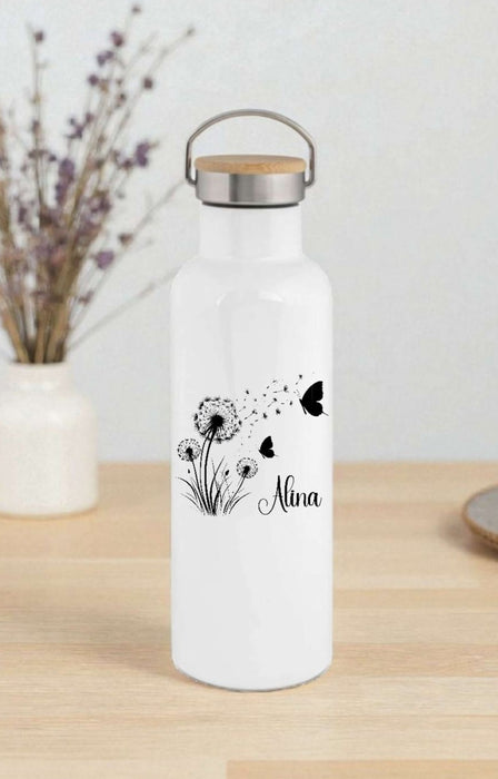 Personalisierte Thermosflasche Edelstahl Pusteblume – Trinkflasche mit Bambusdeckel, doppelwandig & auslaufsicher für Büro, Sport & Reisen - CreativMade