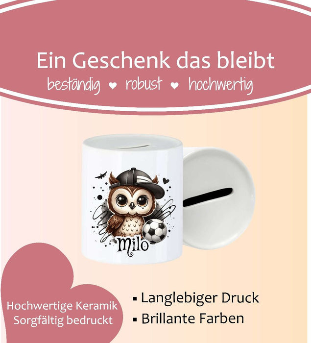 Personalisierte Kinderspardose mit Namen Eule Fußball – Keramik Spardose zur Einschulung, Geburt oder Taufe - CreativMade