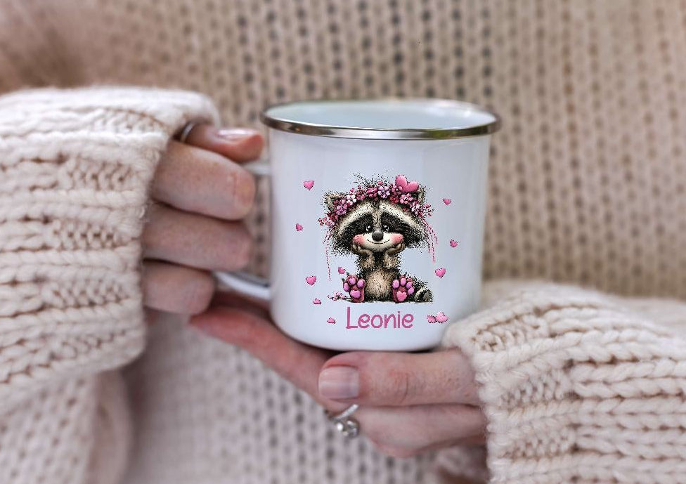 Kinder Tischset personalisiert mit Namen Waschbär - abwischbar und rutschfest Platzdeckchen Platzset Tischunterlage - personalisierte Tasse Emaille & Keramik - CreativMade 