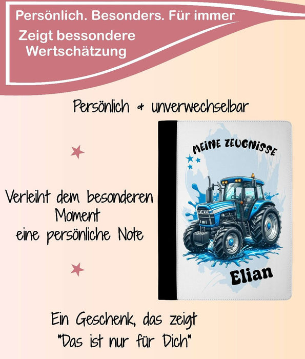 Personalisierte Zeugnismappe mit Namen Traktor – Mappe für Schulzeugnisse A4 | Geschenk zur Einschulung Jungen - CreativMade