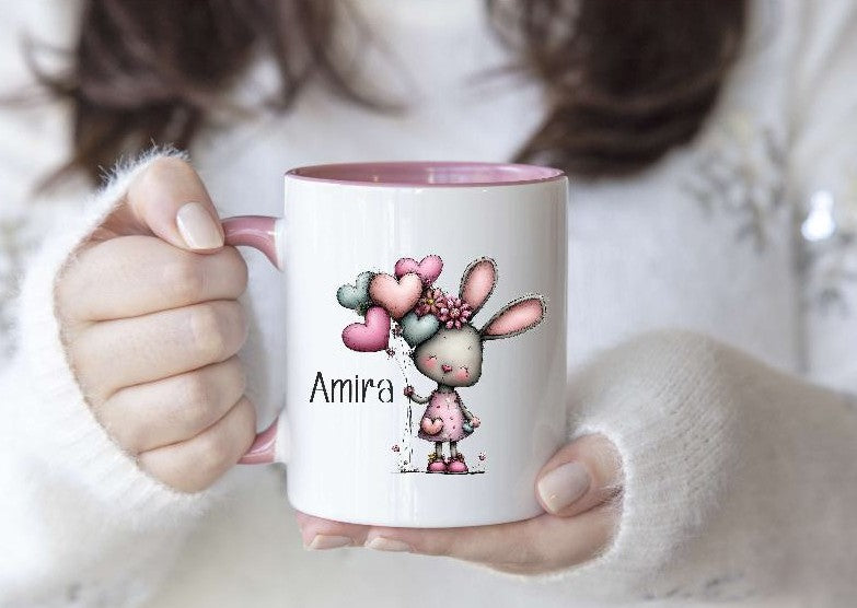Kindertasse personalisiert mit Namen Hase Mädchen Emaille Keramik Kunststoff Geschenk - CreativMade 
