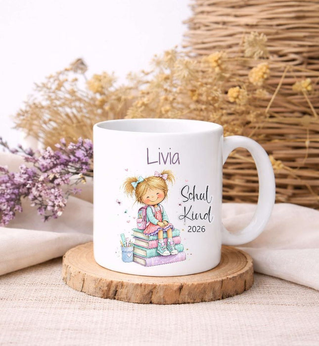 Personalisierte Einschulungstasse Mädchen mit Büchern Schulkind Tasse mit Name - CreativMade