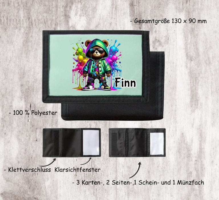Kinder Geldbeutel personalisiert cooler Bär – Geldbörse mit Namen Klettverschluss Porte­mon­naie - CreativMade