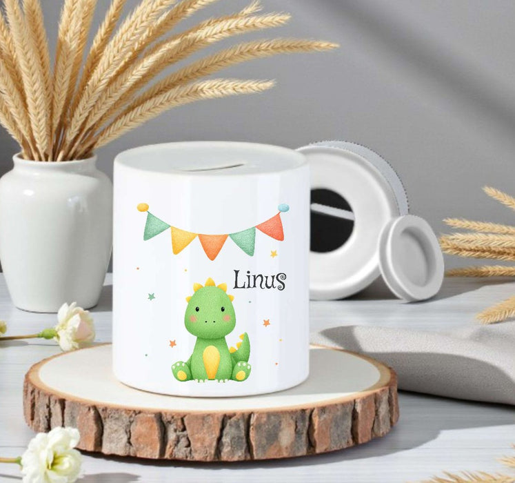 Personalisierte Kinderspardose mit Namen Dinosaurier – Keramik Spardose zur Einschulung, Geburt oder Taufe - CreativMade