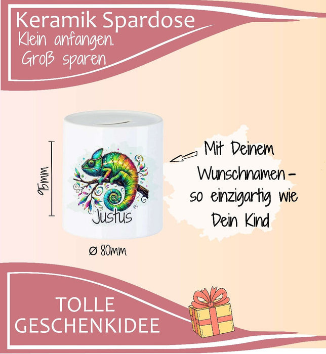 Personalisierte Kinderspardose mit Namen Chamäleon – Keramik Spardose zur Einschulung, Geburt oder Taufe - CreativMade