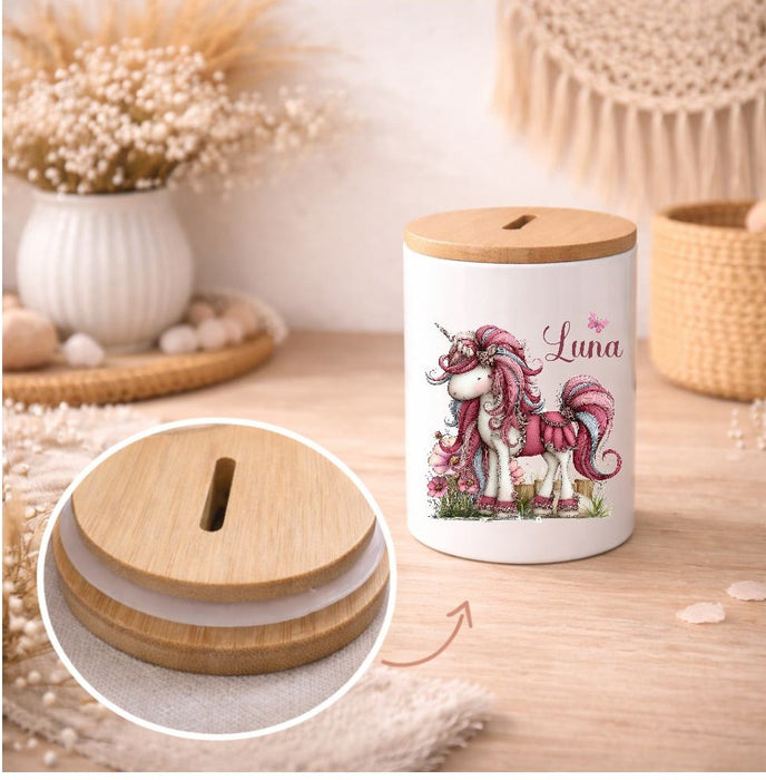 Kinder Spardose mit Name Einhorn – Personalisierte Spardose für Kinder Keramik mit Bambusdeckel für Mädchen