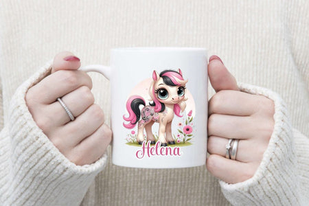 Tasse personalisiert Pferd mit Name Kinder Mädchen Einschulung Kindertasse Keramik oder Emaille - CreativMade 