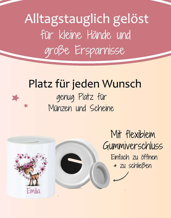 Personalisierte Kinderspardose mit Namen Reh - Keramik Spardose zur Einschulung, Geburt oder Taufe - CreativMade