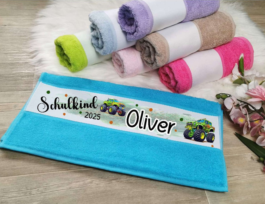 Personalisiertes Kinderhandtuch zur Einschulung – Monstertruck mit Namen, ideal für die Schultüte & den Schulstart - CreativMade