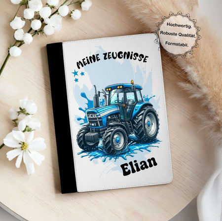 Personalisierte Zeugnismappe mit Namen Traktor – Mappe für Schulzeugnisse A4 | Geschenk zur Einschulung Jungen - CreativMade