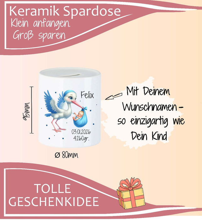 Personalisierte Taufspardose aus Keramik – Spardose zur Taufe mit Namen - CreativMade