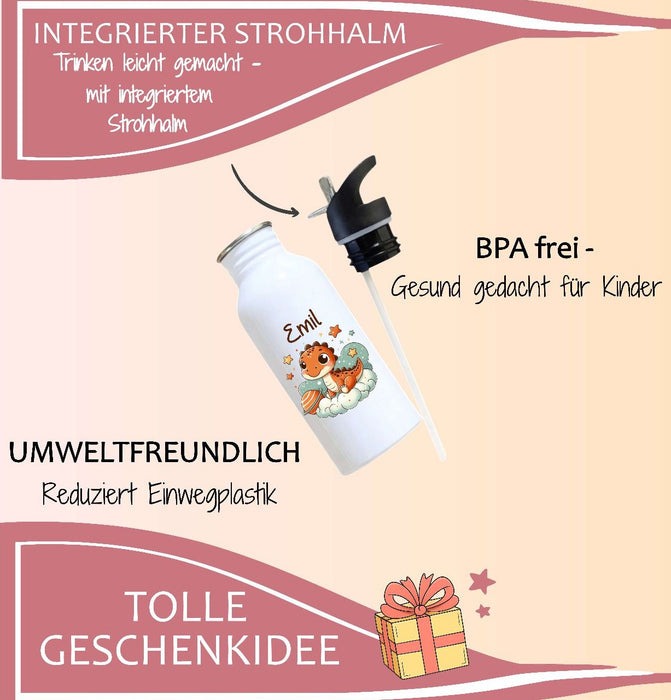 Personalisierte Trinkflasche Kinder Dinosaurier -  Edelstahl Trinkflasche mit Name - Strohhalm Geschenk Einschulung Geburtstag - CreativMade 