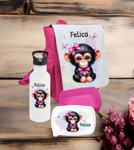 Set Brotdose Trinkflasche und Rucksack personalisiert mit Namen Affe Kinder Edelstahl Flasche Kita Kindergarten Kinderrucksack - CreativMade