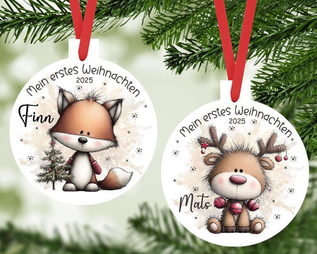 Personalisierter Christbumschmuck & Weihnachtsbaumanhänger Baby Fuchs Rentier – Mein erstes Weihnachten mit Namen aus Aluminium Geschenkidee - CreativMade