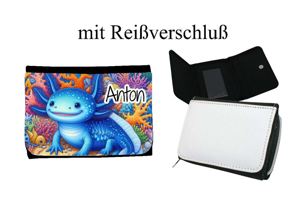 Kinder Geldbeutel personalisiert Axolotl – Geldbörse mit Namen Klettverschluss oder Reißverschluss Porte­mon­naie - CreativMade