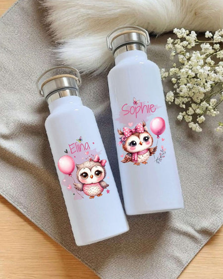 Personalisierte Kinder Trinkflasche mit Namen Eule – Edelstahl Thermosflasche auslaufsicher für Kindergarten & Schule - CreativMade