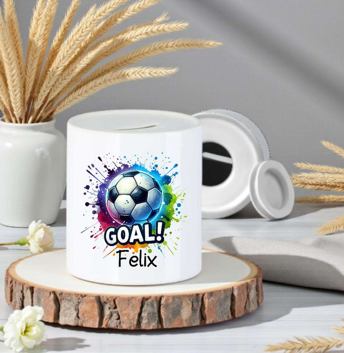 Personalisierte Kinderspardose mit Namen Fußball – Keramik Spardose zur Einschulung, Geburt oder Taufe - CreativMade