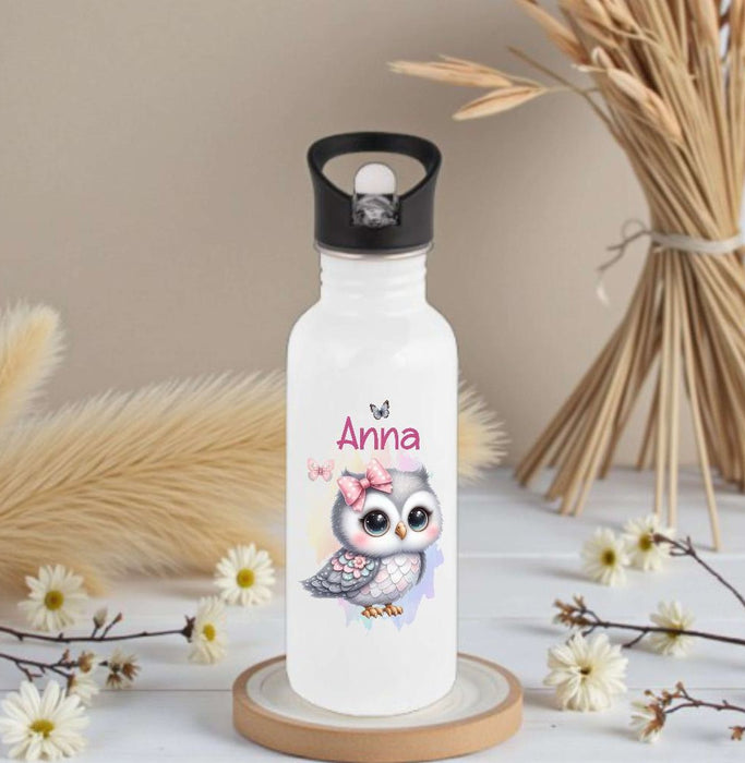 Personalisierte Trinkflasche Kinder Eule -  Edelstahl Trinkflasche mit Name - Strohhalm Geschenk Einschulung Geburtstag - CreativMade 