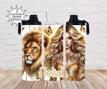 Thermobecher to go personalisiert Löwe Frau Trinkbecher mit Strohhalm Tumbler Becher Kaffeebecher Gold Stillvoll - CreativMade 