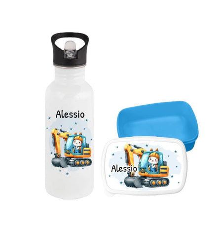 Set Brotdose und Trinkflasche personalisiert mit Namen Bagger Edelstahl 500ml Lunchbox Jungen - CreativMade