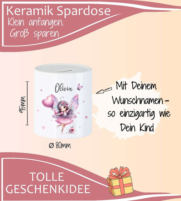 Personalisierte Kinderspardose mit Namen Fee – Keramik Spardose zur Einschulung, Geburt oder Taufe - CreativMade 