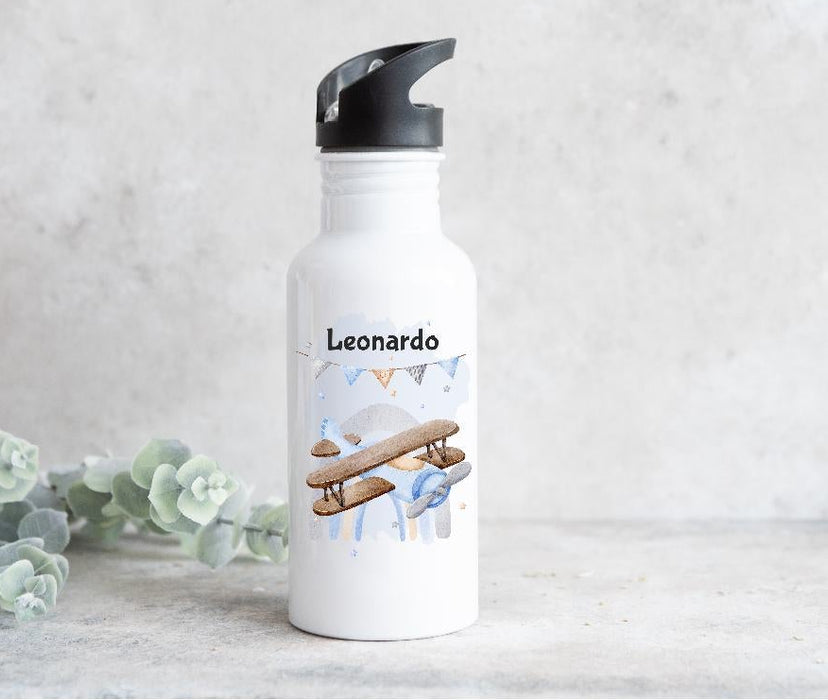Personalisierte Trinkflasche Kinder Flugzeug -  Edelstahl Trinkflasche mit Name - Strohhalm Geschenk Einschulung Geburtstag - CreativMade 