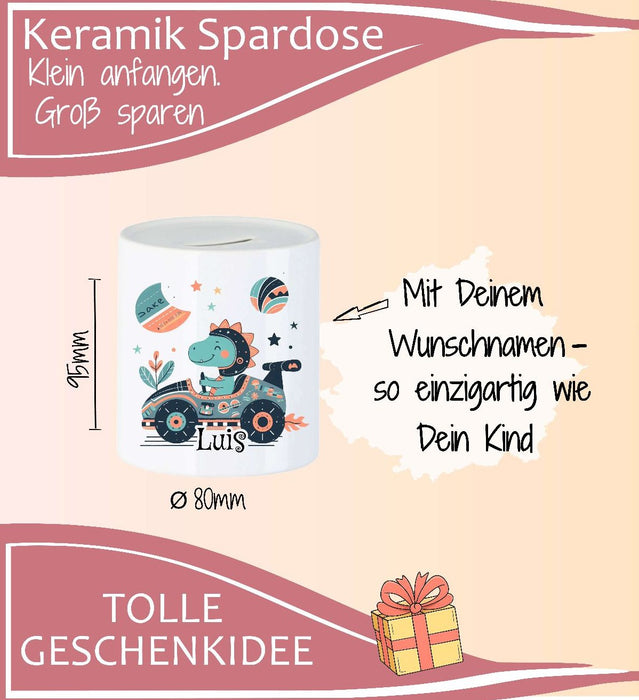 Personalisierte Kinderspardose mit Namen Auto – Keramik Spardose zur Einschulung, Geburt oder Taufe - CreativMade