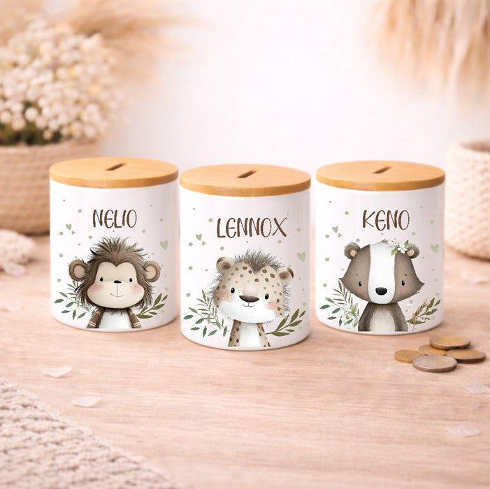 Kinder Spardose mit Name Löwe – Personalisierte Spardose für Kinder Keramik mit Bambusdeckel für Jungen oder Mädchen Waldtiere Safari Tiere Zootiere - CreativMade