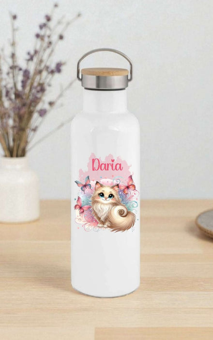 Personalisierte Kinder Trinkflasche mit Namen Katze – Edelstahl Thermosflasche auslaufsicher für Kindergarten & Schule - CreativMade