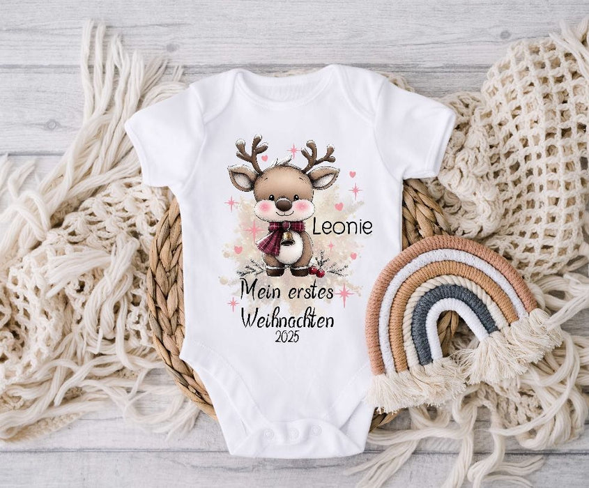 Mein erstes Weihnachten Baby-Body Elch Mädchen – personalisiert Weihnachtsoutfit aus Baumwolle (0–18 Monate) Strampler - CreativMade 