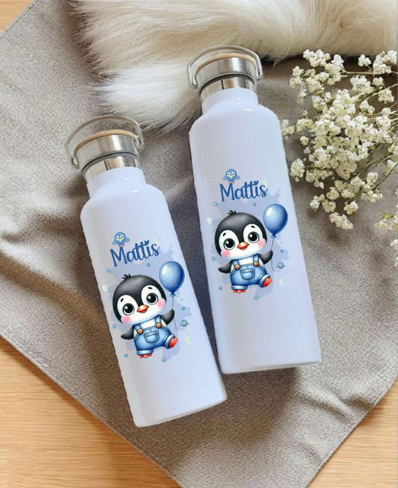 Personalisierte Kinder Trinkflasche mit Namen Pinguin – Edelstahl Thermosflasche auslaufsicher für Kindergarten & Schule - CreativMade