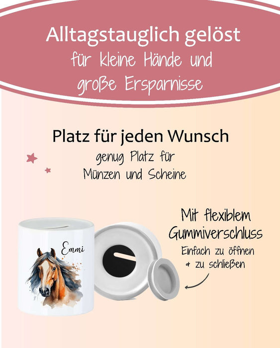 Personalisierte Kinderspardose mit Namen Pferd – Keramik Spardose zur Einschulung, Geburt oder Taufe - CreativMade