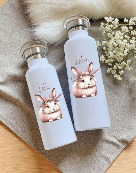 Personalisierte Kinder Trinkflasche mit Namen Hase – Edelstahl Thermosflasche auslaufsicher für Kindergarten & Schule - CreativMade