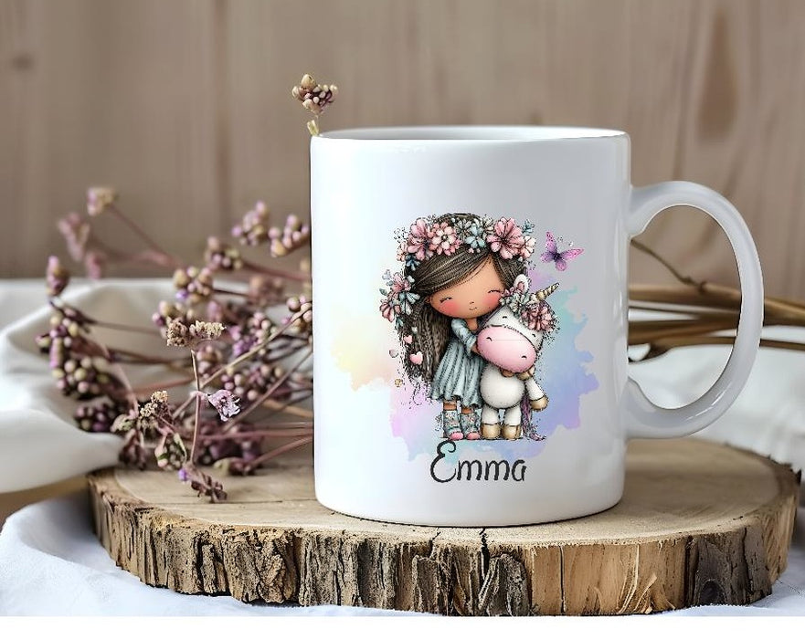 Kindertasse personalisiert mit Namen Einhorn Mädchen Emaille Keramik Kunststoff Geschenk - CreativMade 