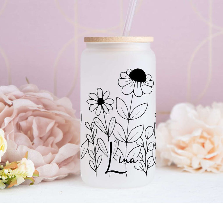 Eiskaffeeglas personalisiert Blumen Trinkglas mit Deckel Strohhalm Tas– CreativMade