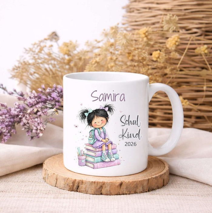 Personalisierte Einschulungstasse Mädchen mit Büchern Schulkind Tasse mit Name - CreativMade