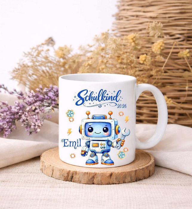 Schulkind Tasse personalisiert Roboter Jungen Einschulungstasse mit Namen Geschenk Einschulung Erstklässler - CreativMade